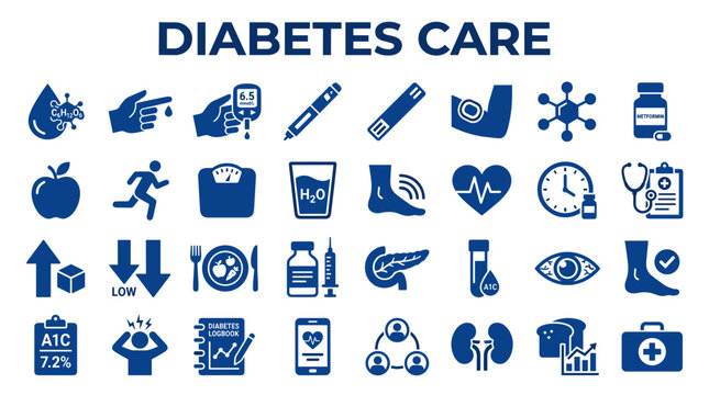 Diabetes Care Icons and Symbols Representing Health Monitoring and Management Concepts