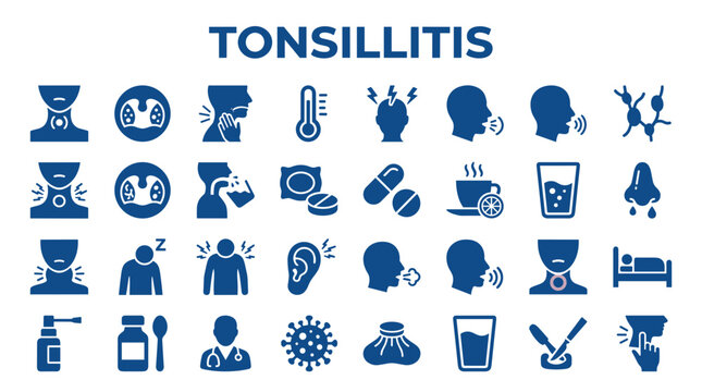 Tonsillitis symptoms and treatment icons infographic medical illustration showing sore throat fever headache and remedies like medicine and hot drinks
