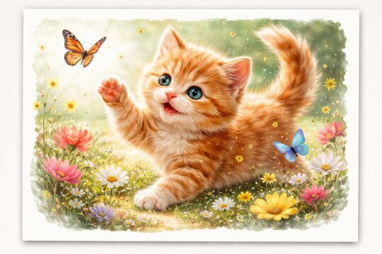 Cute ginger kitten frolicking among butterflies and flowers on a white animal postcard