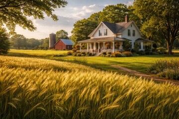 Obraz premium Charming farmhouse set against a backdrop of lively green lawn and rippling wheat textures during summer