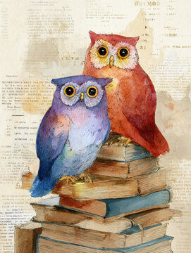 Whimsical Watercolor Illustration of Two Colorful Owls Perched on a High Stack of Vintage Books against an Antique Newspaper Backdrop Artistic Concept for Wisdom, Education, and Literary Magic
