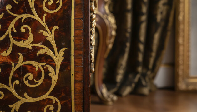 Antique French Boulle marquetry texture with brass floral inlay in tortoiseshell