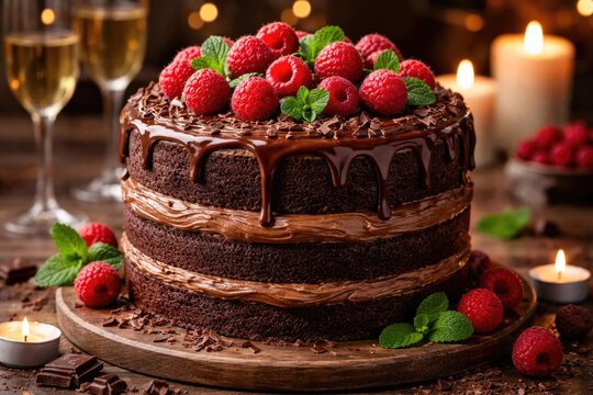 Celebration worthy chocolate cake with rich frosting layers and fresh raspberry mint decoration