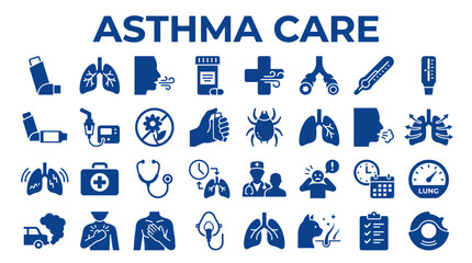Fototapeta premium Asthma care and respiratory health concept with medical icons and symbols representing treatment and breathing difficulties