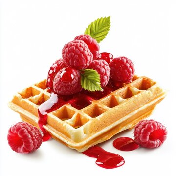 Oozing raspberry sauce on an isolated waffle with a white background, rich and detailed.