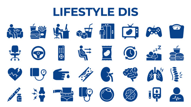 Unhealthy lifestyle icons showing sedentary habits poor diet and health issues like diabetes heart disease and obesity