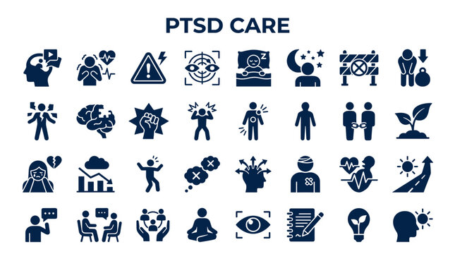 PTSD Care icons representing mental health support, trauma recovery, and emotional well-being with symbols of therapy, stress, and healing