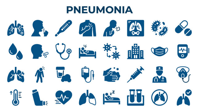 Pneumonia symptoms and treatment icons illustrating respiratory illness, fever, medical care, and recovery with hospital and doctor symbols