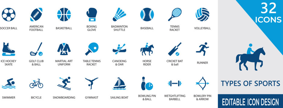 Types of Sport flat vector Icon Set . For fitness , football, basketball, swimming, cycling,  extreme sports,  and more icon