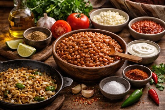 Cooking ingredients needed for flavorful refried beans bowl