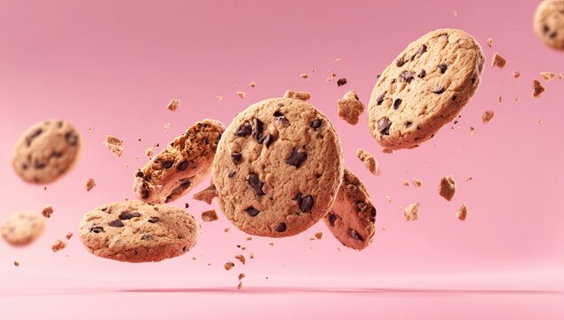 A dynamic food photography shot of multiple chocolate chip cookies floating and falling against a pink background, with crumbs scattered in motion.