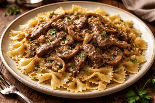 Natural light photograph of farfalle pasta topped with beef stroganoff including mushrooms and onions