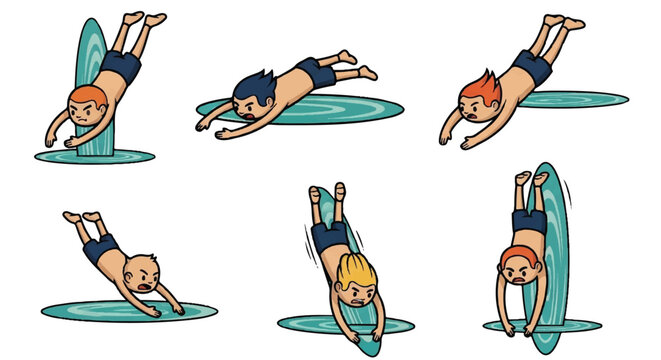 Cartoon surfers in various poses on surfboards vector illustration