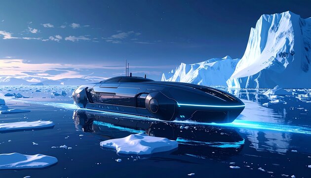 futuristic autonomous cargo ship sailing through arctic ice with glowing blue lights