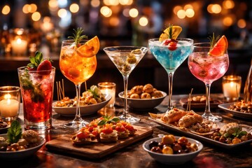 Obraz premium Happy hour party setup showcasing colorful cocktails and fine appetizers on a sleek bar table with a soft glowing bokeh atmosphere