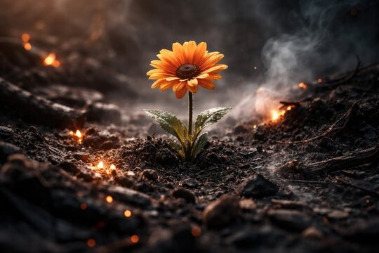 Flower defying ashes portraying resilience and hopeful inspiration