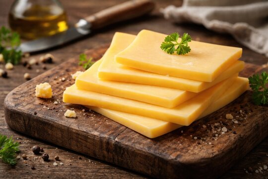 Creamy organic cheddar slices placed on a rustic cheese board with copy space