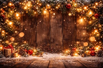 Fototapeta premium Holiday season background featuring wooden planks and glowing lights with space
