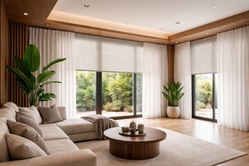 Fototapeta premium Electric curtains and expansive roller shades complementing wood decor and modern plant pots
