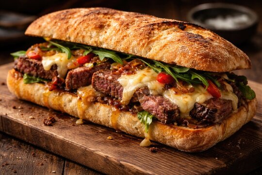Hearty steak ciabatta sandwich with melted cheese on a wooden cutting board