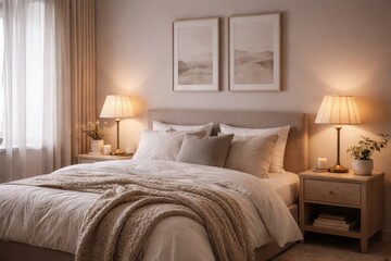 Fototapeta premium Cozy bedroom decor combining classic lampshades with minimalist style