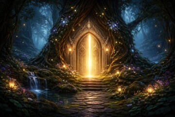 Fototapeta premium Enchanted doorway glowing within an elven forest fantasy digital artwork