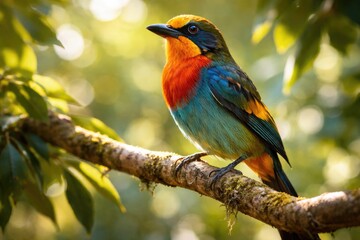Naklejka premium lively bird with striking plumage on a sunlit branch