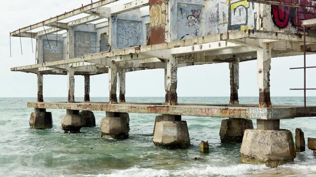 A ruined concrete structure stands over the ocean waves. Colorful graffiti covers the crumbling walls, creating a lonely and eerie feeling. The old building looks ghostly against the water.