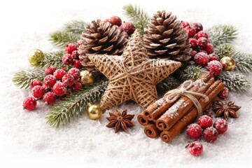 Fototapeta premium Decorative Christmas setup combining pine cones, cinnamon sticks, star figure, and berries on white background