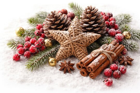 Decorative Christmas setup combining pine cones, cinnamon sticks, star figure, and berries on white background