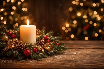 Fototapeta premium Elegant Christmas candle on wooden plank featuring copy space area