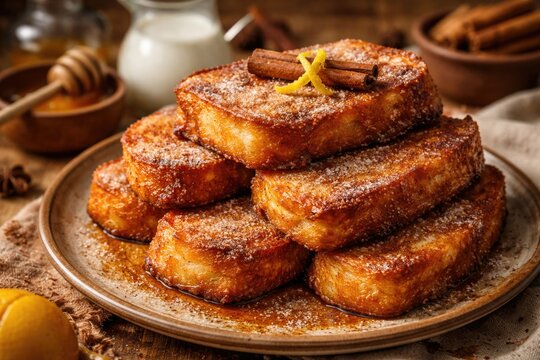 Authentic Spanish dessert torrijas made with milk soaked bread and fried golden