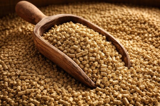 Bulk animal feed pellets in a wooden scoop on farm