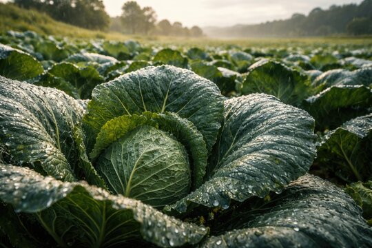 High detail shot showing wild cabbage leaves wet from rain in a farm landscape isolated