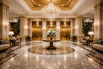 Fototapeta premium lavish hotel lobby interior with gleaming marble floors and gold trimmed elevator doors