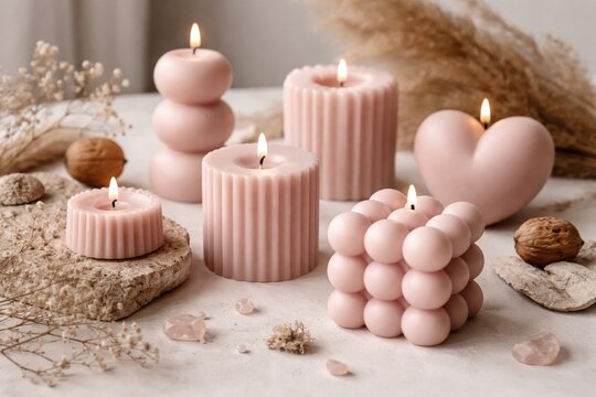 Close up view of pink handcrafted vegan candles in diverse forms accompanied by natural materials on minimalistic background with whitespace