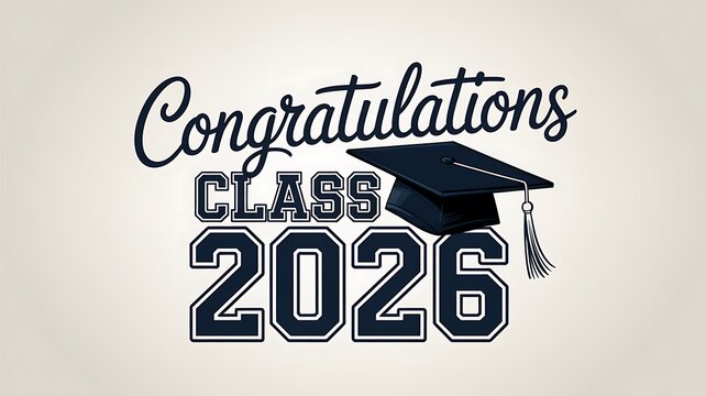 Congratulations class of 2026 graduation celebration typography design with varsity numbers and cap illustration