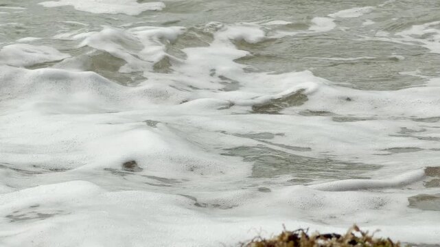 Thick white bubbles of sea foam wash over the damp sand. The rushing water creates a refreshing and lively feeling. It is a beautiful, natural moment of the ocean meeting the land.