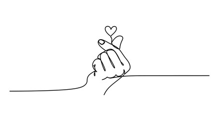 Fototapeta premium Hand gesture forming heart shape with thumb and index finger, continuous line art.