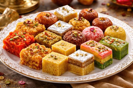 Decorative white plate holding an assortment of Indian sweets such as halwa and mysore pak with emphasis on vivid colors and textures