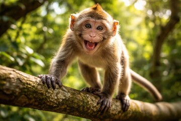 Obraz premium cheerful monkey balancing on a sturdy branch with eyes fixed on the camera