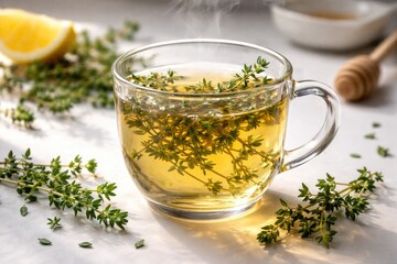 Fototapeta premium Aromatic herbal thyme drink in a transparent cup on a clean white surface