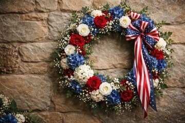Fototapeta premium Elegant floral wreath in patriotic hues set against natural stone wall background with copy space