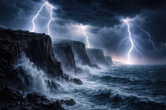 Electric storm raging along vast seaside cliffs