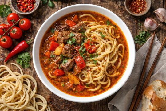 Flat lay of Lagman soup featuring noodles and broth in a white dish