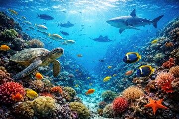 Fototapeta premium Dynamic marine life composition featuring a blue aquatic backdrop