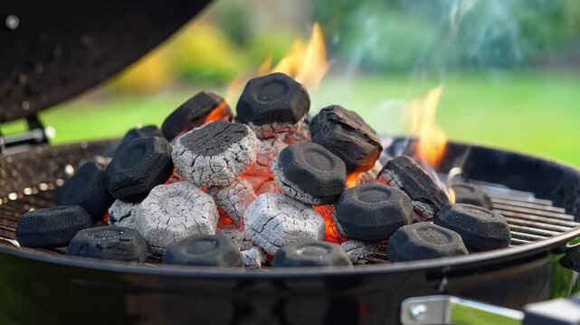 Closeup of glowing charcoal briquettes heating up on a barbecue grill outdoors.