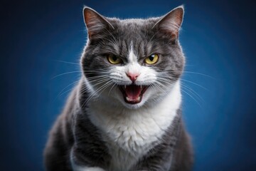 Fototapeta premium Furious gray and white cat posing against a blue background