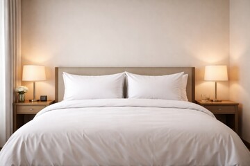 Obraz premium Cozy hotel style double bed with spotless white bed sheets and pillows and empty wall copy space for mockup