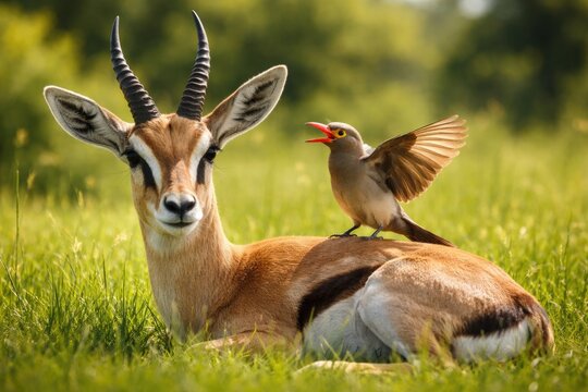 Cheerful red billed oxpecker pet playing on gazelle in rich green grass lawn full length summer day